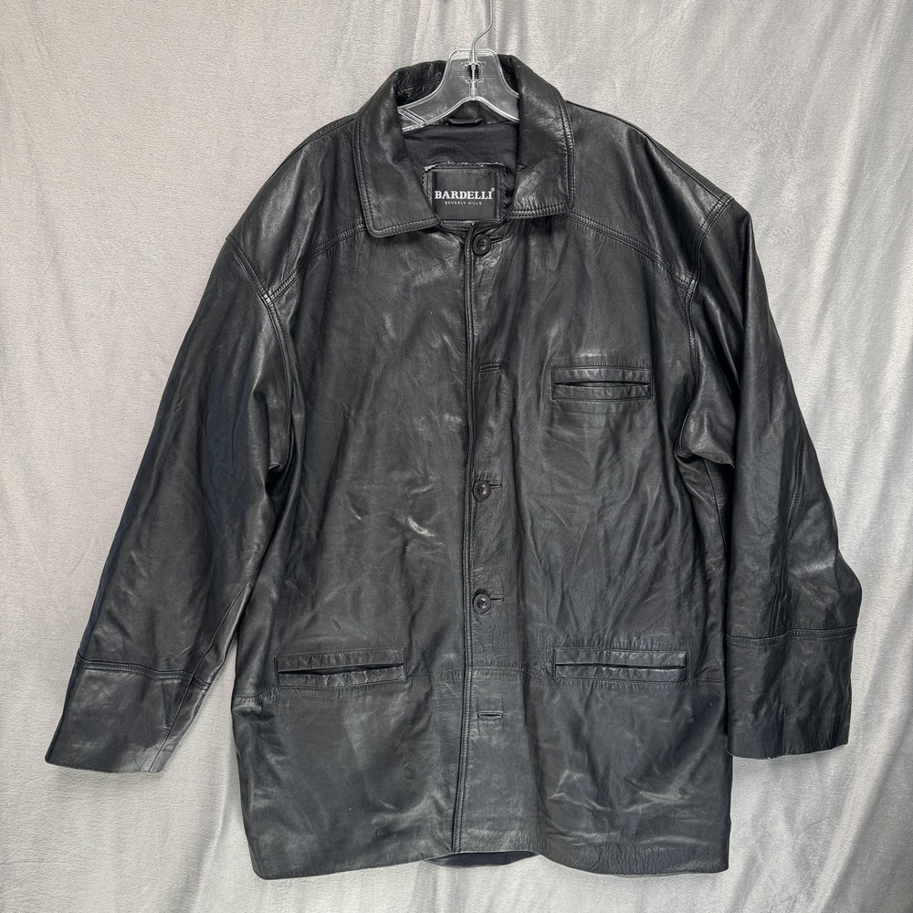 Bardelli Beverly Hills‎ Jacket Mens Large Black Leather Car Coat Button Front